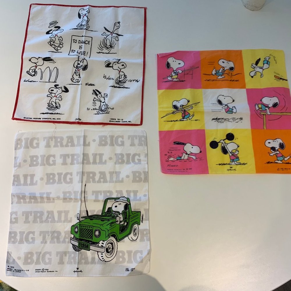 RARE LOT OF 3 VINTAGE  (1959, 1970) SNOOPY HANDKERCHIEFS